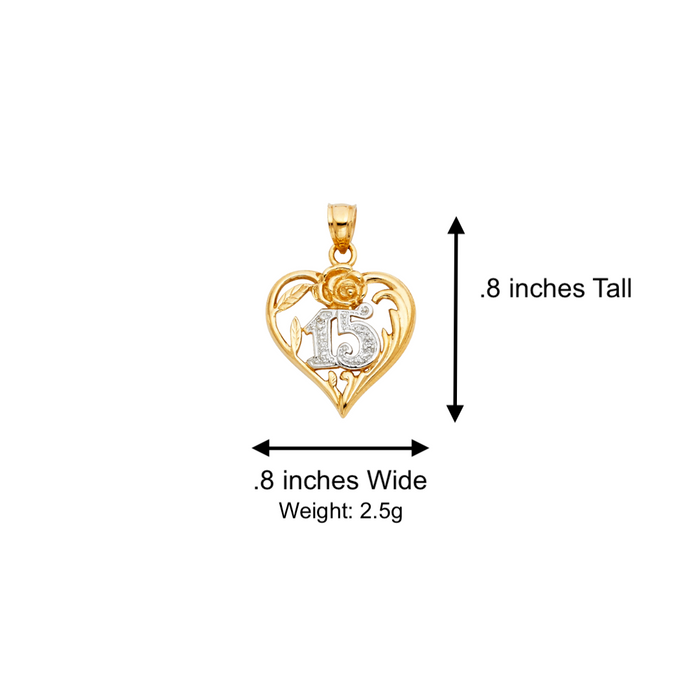 14k Quince Gold Necklace - Two Tone Heart 15 Gold Pendant - Solid Chain - LE1873