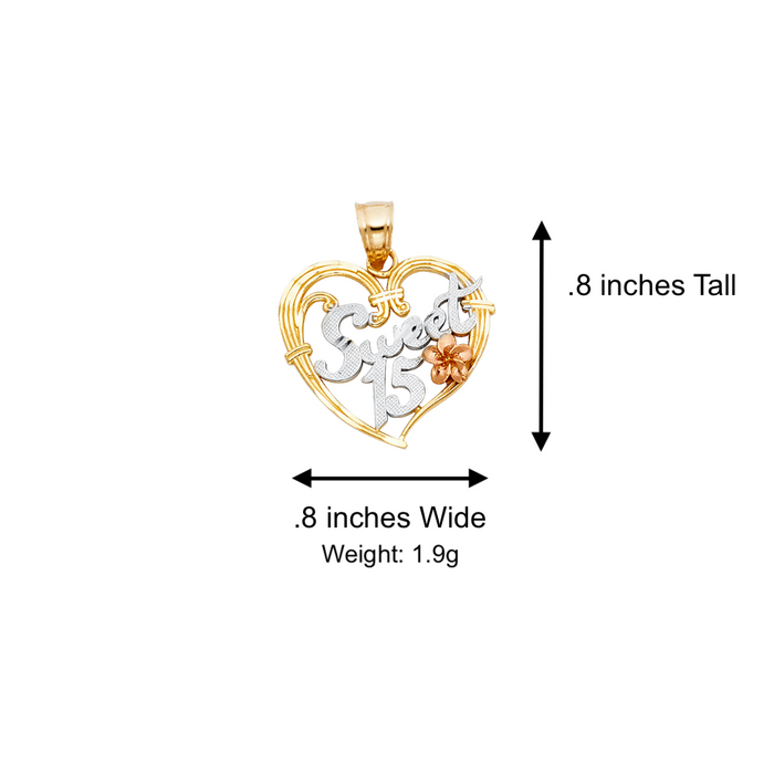 14k Quince Gold Necklace - Tri Tone Heart Flower 15 Gold Pendant - Solid Chain - LE1908