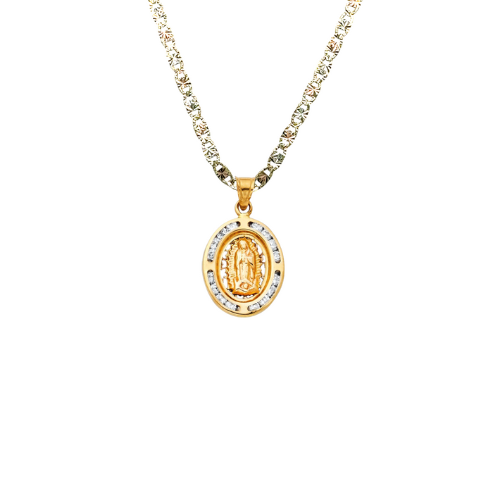 14k Gold Virgin Mary Necklace - Gemstone Oval Virgin Mary Gold Pendant - Solid Chain - LE0192