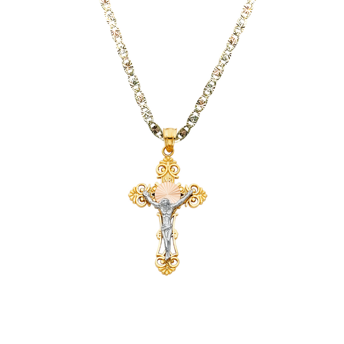 14k Gold Cross Necklace - Tri Tone Fancy Ornate Gold Crucifix - Solid Chain - LE0061