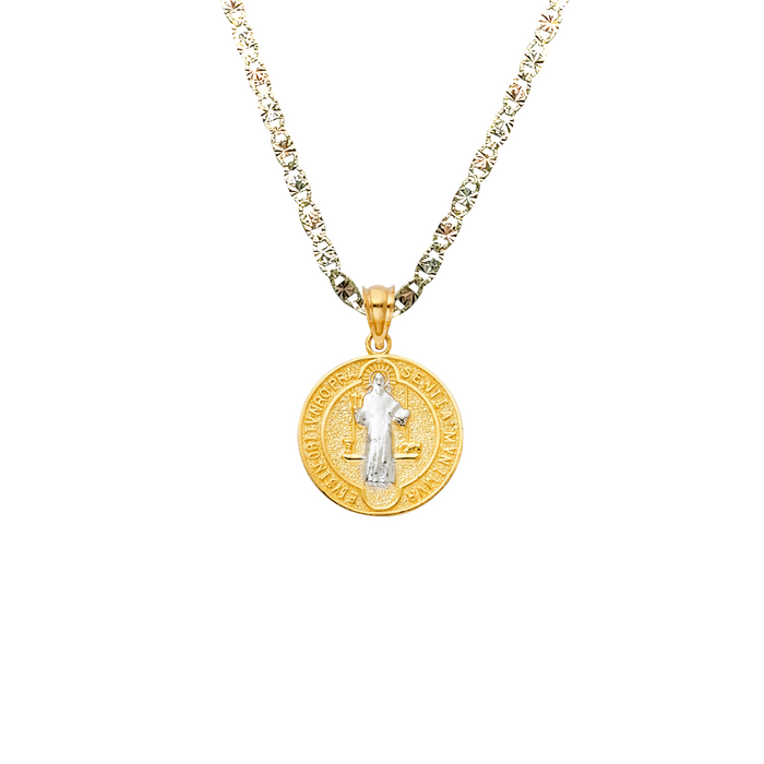 14k Gold Medalla San Benito - Two Tone San Benito Gold Pendant - Solid Chain - LE1155