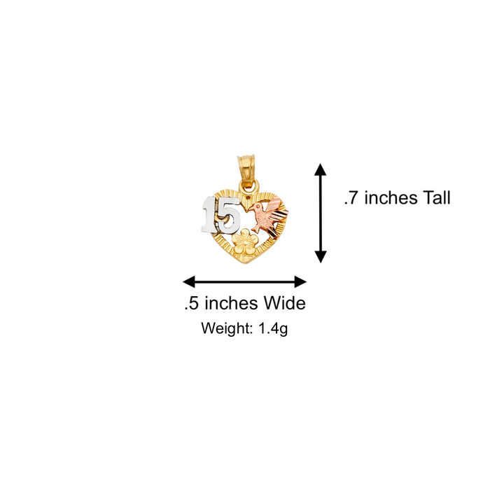 14k Quince Gold Necklace - Tri Tone Heart Flower Dove 15 Gold Pendant - Solid Chain - LE1911