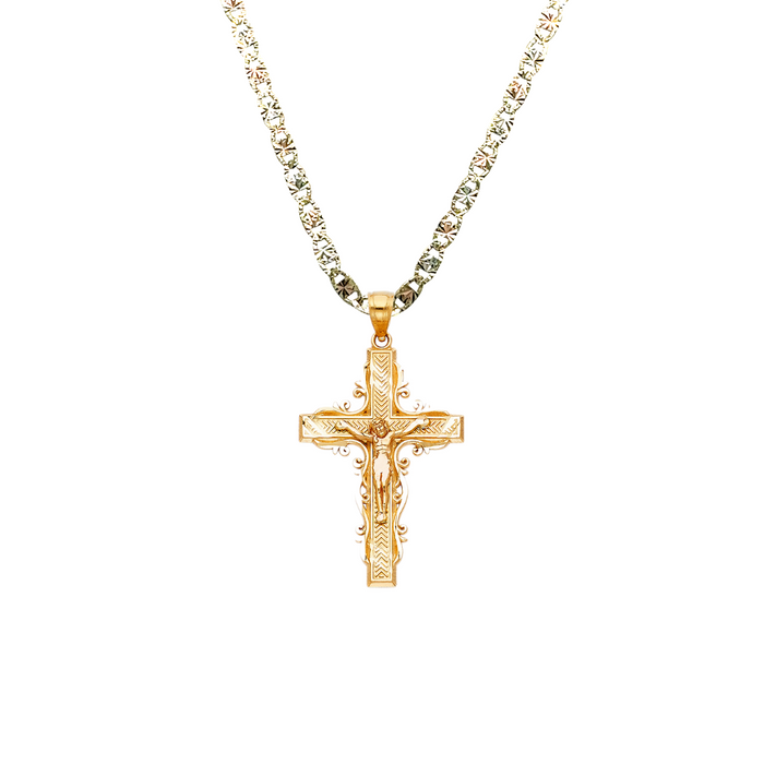 14k Gold Cross Necklace - Fancy Ornate Gold Crucifix - Solid Chain - LE0992