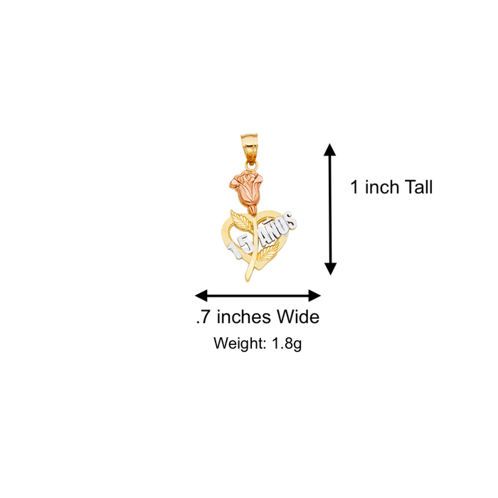 14k Quince Gold Necklace - Tri Tone Rose Heart 15 Años Gold Pendant - Solid Chain - LE1913