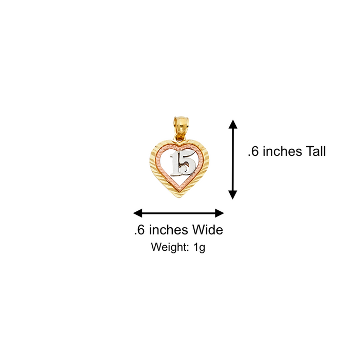 14k Quince Gold Necklace - Tri Tone Diamond Cut Heart 15 Gold Pendant - Solid Chain - LE0369