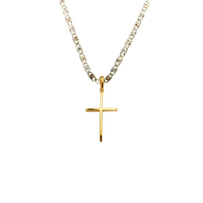 14k Gold Cross Necklace - High Polish Curved Gold Cross - Solid Chain - LE2219
