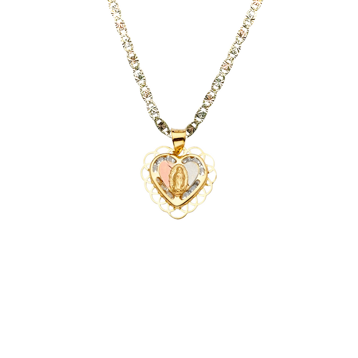14k Gold Virgin Mary Necklace - Two Tone Heart Gemstone Virgin Mary Gold Pendant - Solid Chain - LE2296