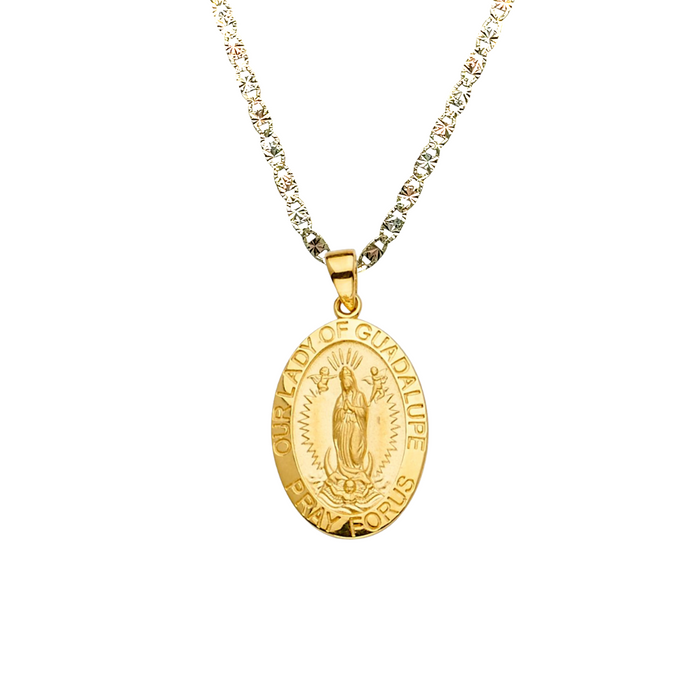 14k Gold Virgin Mary Necklace - Oval Our Lady of Guadalupe Virgin Mary Gold Pendant - Solid Chain - LE2300