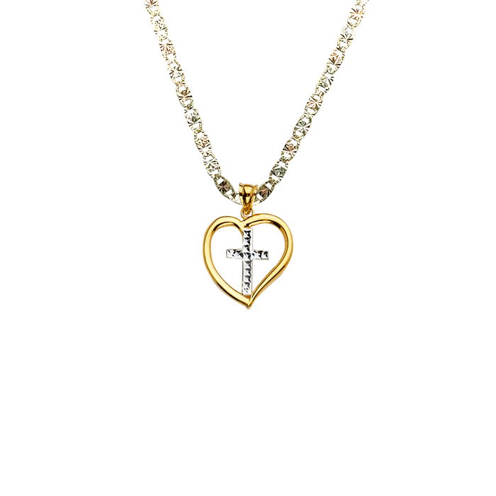 14k Gold Cross Necklace - Two Tone Diamond Cut Gold Cross - Solid Chain - LE2229
