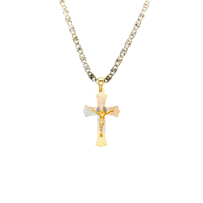 14k Gold Cross Necklace - Tri Tone Diamond Cut Crucifix - Solid Chain - LE0351