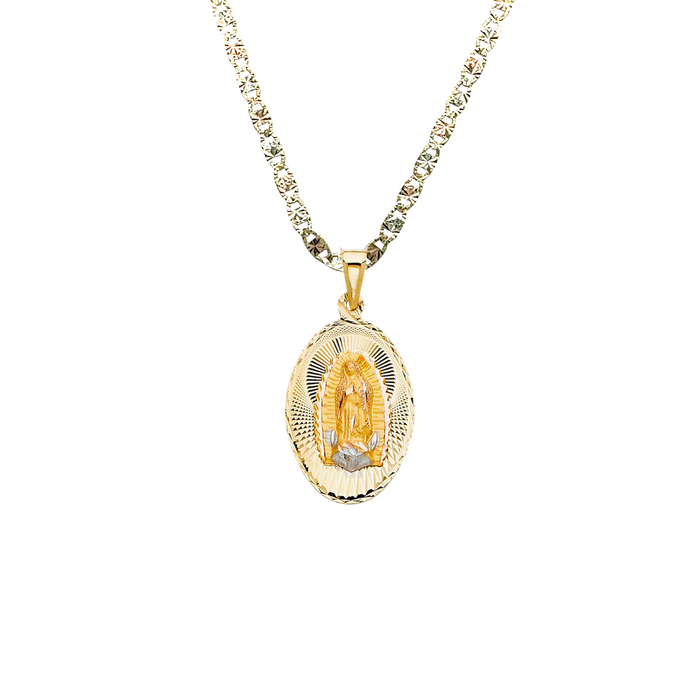 14k Gold Virgin Mary Necklace - Diamond Cut Oval Virgin Mary Gold Pendant - Solid Chain - LE0329