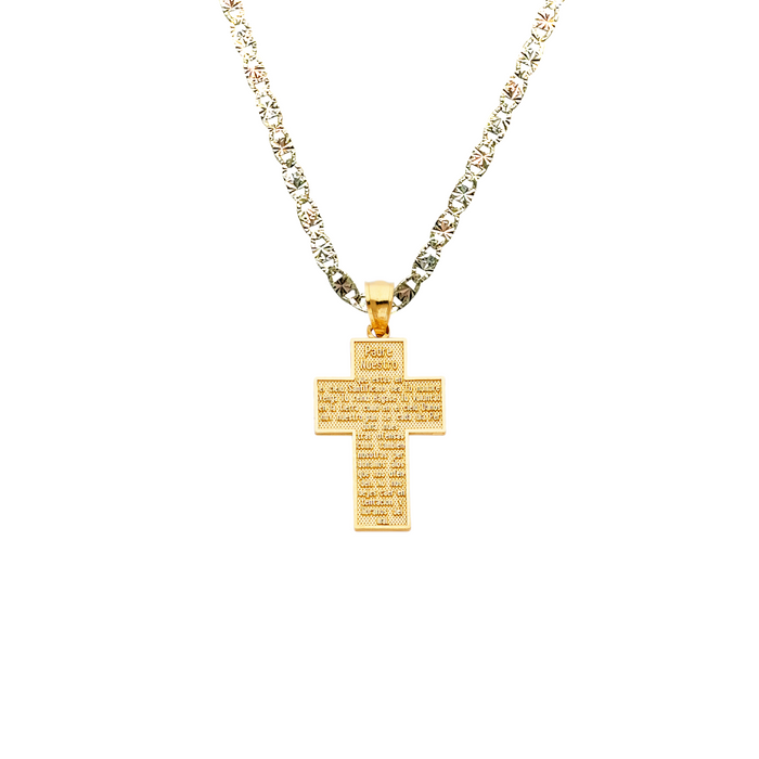 14k Gold Cross Necklace - Padre Nuestro Prayer Gold Cross - Solid Chain - LE1028