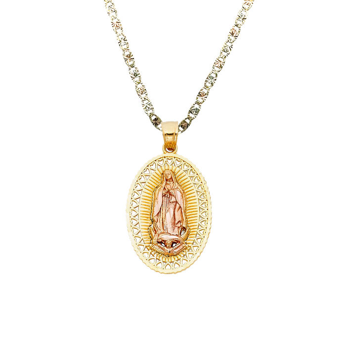 14k Gold Virgin Mary Necklace - Two Tone Heart Bezel Virgin Mary Gold Pendant - Solid Chain - LE1105