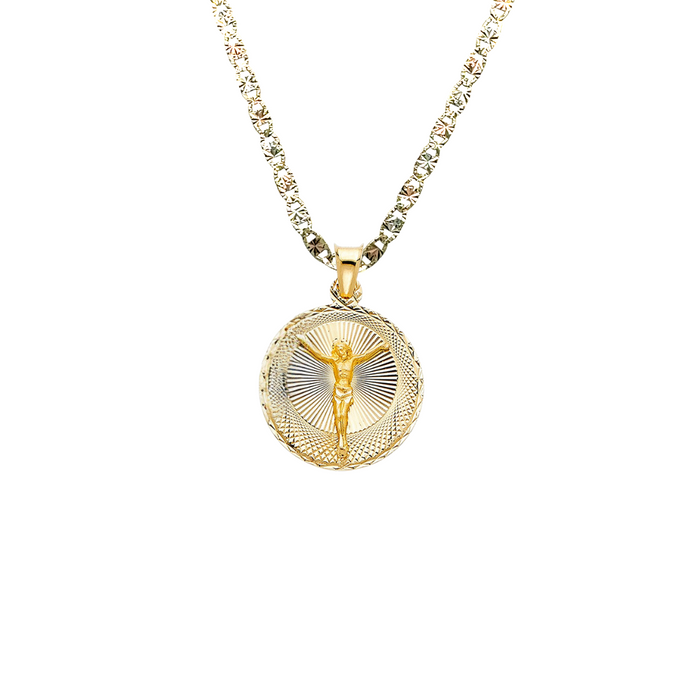 14k Gold Virgin Mary Necklace - Tri Tone Diamond Cut Virgin Mary Christ Gold Pendant - Solid Chain - LE0312