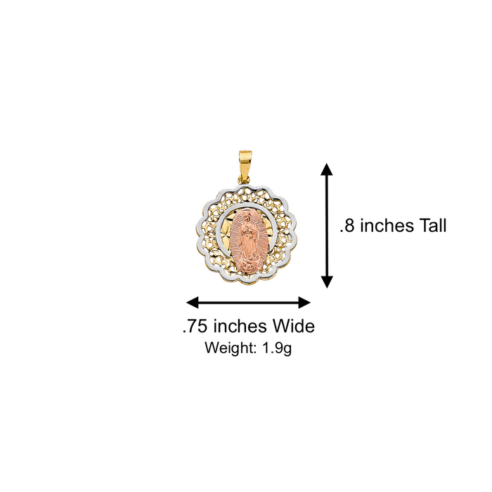 14k Gold Virgin Mary Necklace - Tri Tone Round Floral Virgin Mary Gold Pendant - Solid Chain - LE3068