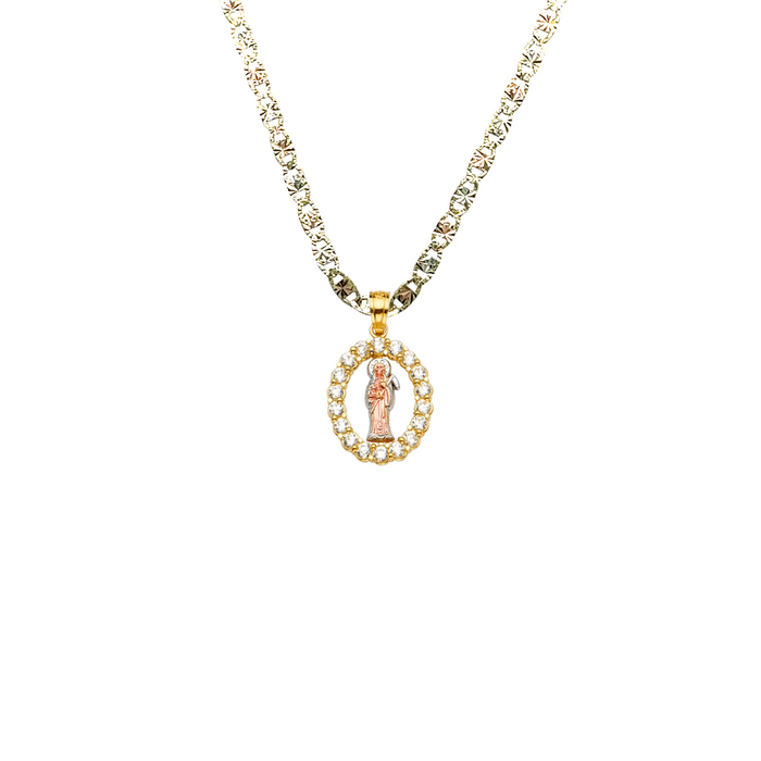 14k Gold Santa Muerte Necklace - Tri Tone Gemstone Santa Muerte Gold Pendant - Solid Chain - LE2252