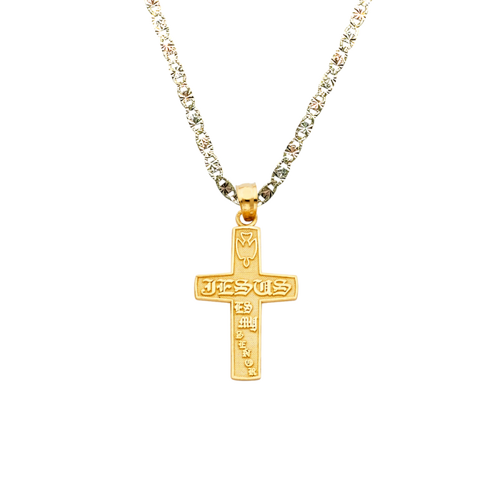 14k Gold Cross Necklace - Jesus Es Mi Senor Old English Gold Cross - Solid Chain - LE1031