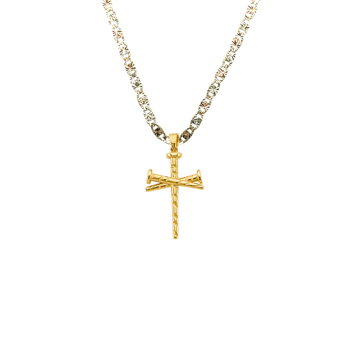 14k Gold Cross Necklace - Diamond Cut Nails Gold Cross - Solid Chain - LE2960