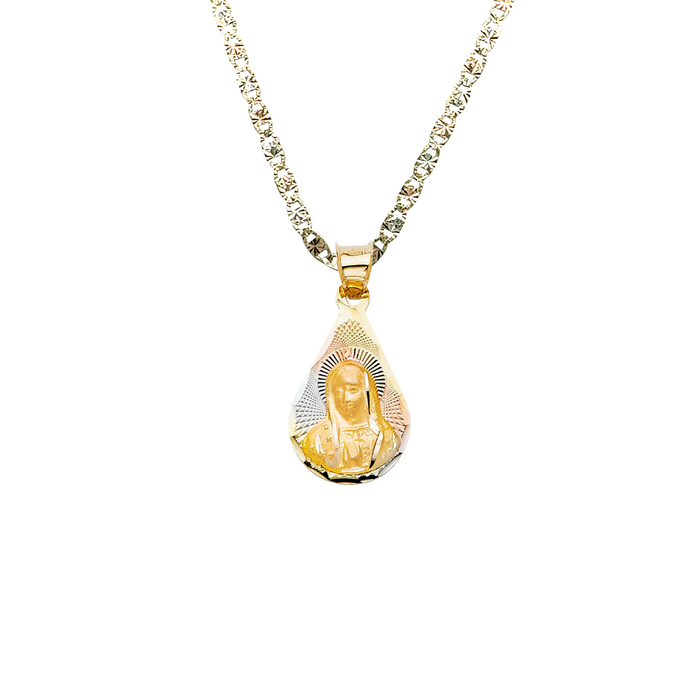 14k Gold Virgin Mary Necklace - Tri Color Diamond Cut Teardrop Virgin Mary Gold Pendant - Solid Chain - LE2082