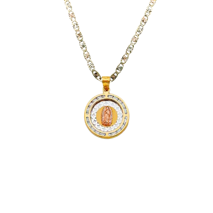 14k Gold Virgin Mary Necklace - Round Gemstone Virgin Mary Gold Pendant - Solid Chain - LE1310