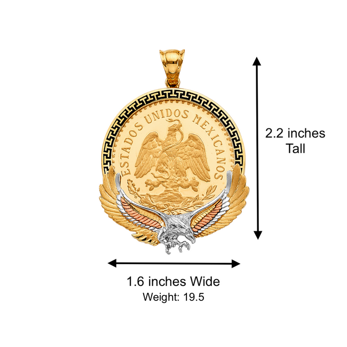 14k Gold Centenario De Oro Necklace - Tri Tone Eagle Greek Design Bezel - Solid Figaro Chain - LE2760