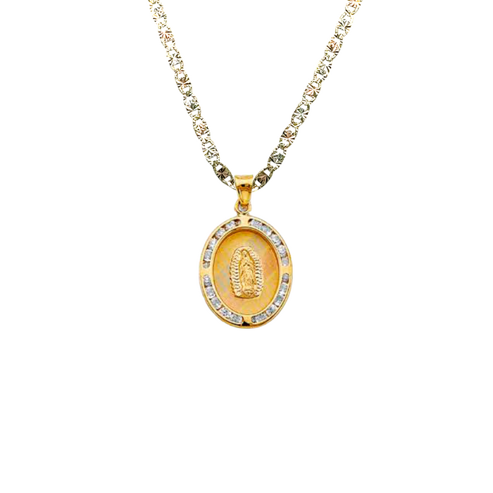 14k Gold Virgin Mary Necklace - Tri Tone Oval Gemstone Virgin Mary Gold Pendant - Solid Chain - LE1305