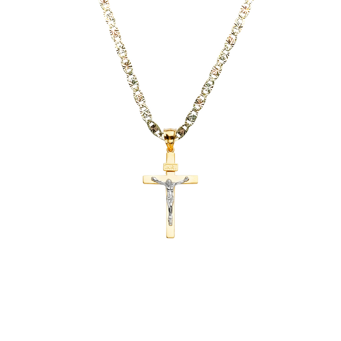 14k Gold Cross Necklace - High Polish Two Tone Gold Crucifix - Solid Chain - LE2194