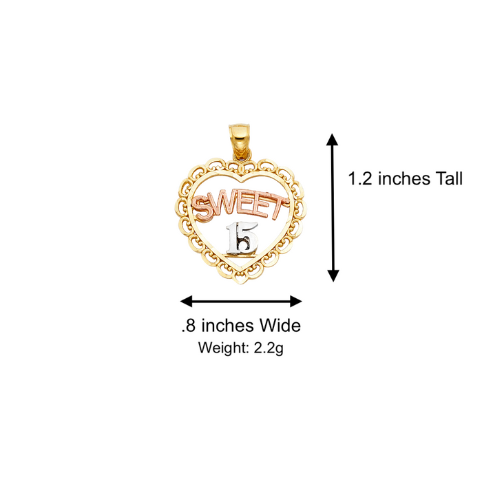 14k Quince Gold Necklace - Tri Tone Heart Sweet 15 Gold Pendant - Solid Chain - LE1905