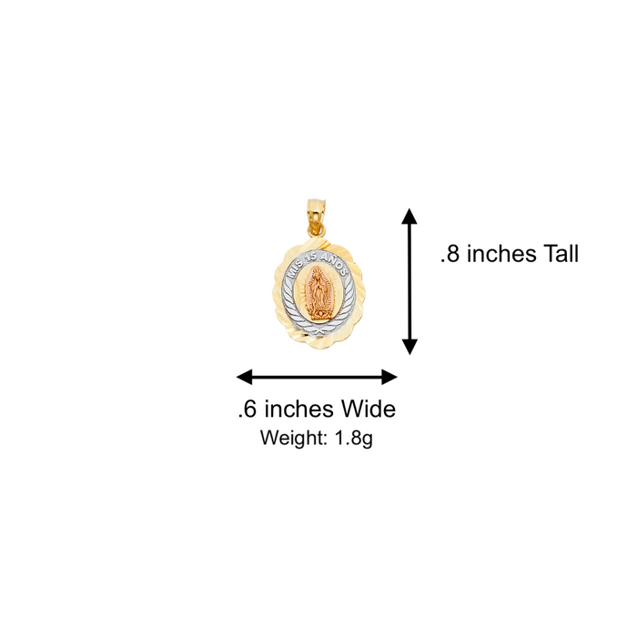 14k Quince Gold Necklace - Tri Tone Virgin Mary Mis 15 Años Gold Pendant - Solid Chain - LE1898