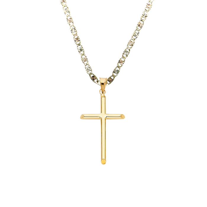 14k Gold Cross Necklace - Tube Gold Cross - Solid Chain - LE0015