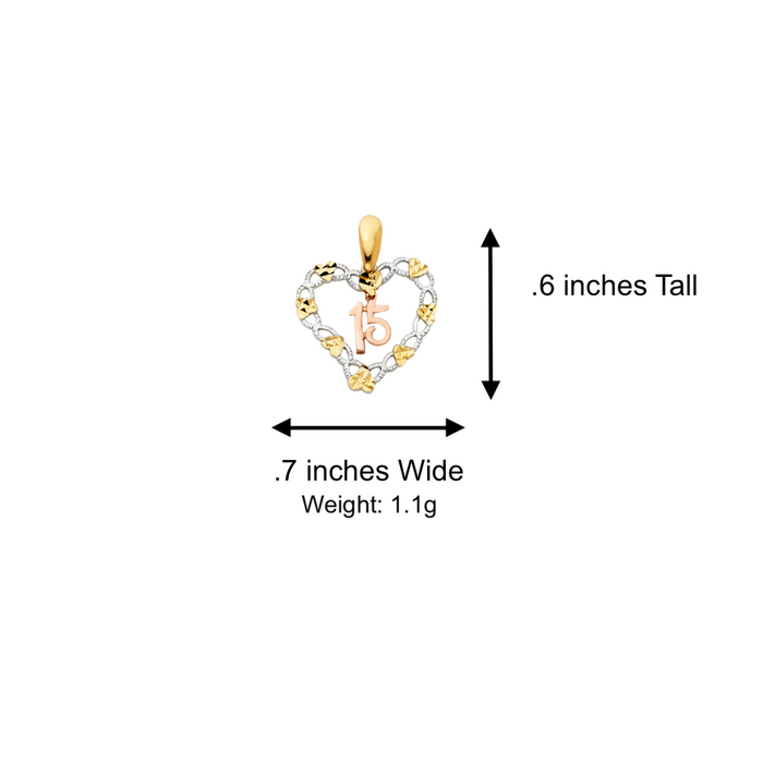 14k Quince Gold Necklace - Tri Tone Heart 15 Gold Pendant - Solid Chain - LE1876
