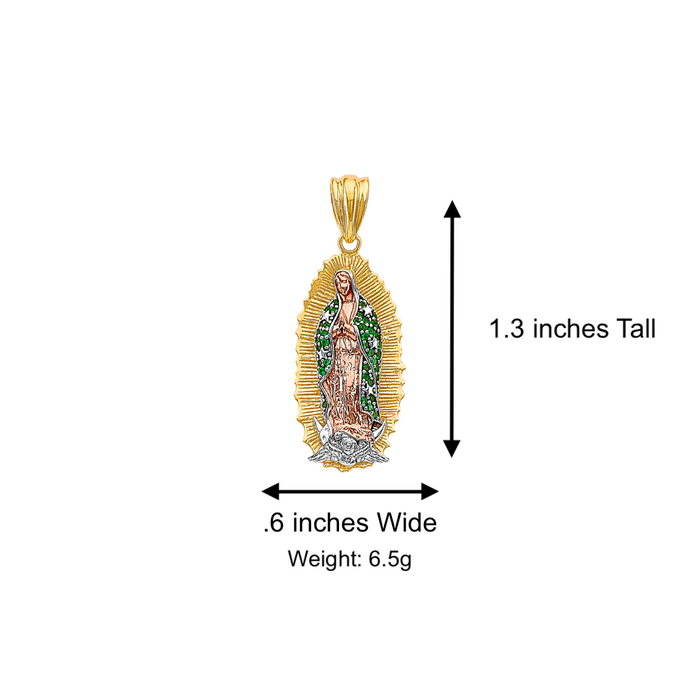 14k Gold Virgin Mary Necklace - Large Tri Tone Green Gemstone Virgin Mary Gold Pendant - Solid Chain - LE3183