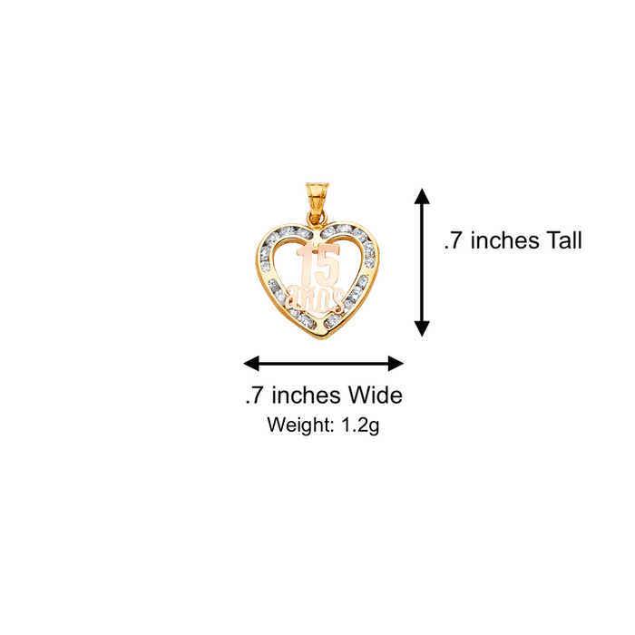14k Quince Gold Necklace - Gemstone Heart 15 Años Gold Pendant - Solid Chain - LE0813