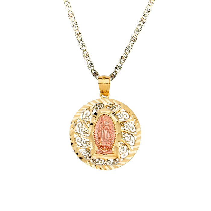 14k Gold Virgin Mary Necklace - Two Tone Diamond Cut Round Virgin Mary Gold Pendant - Solid Chain - LE2313