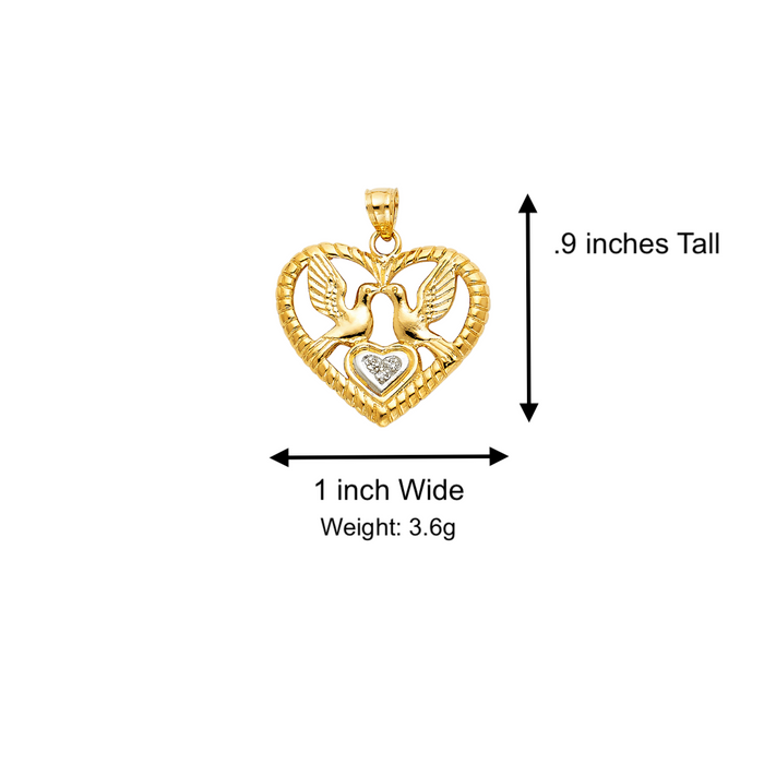 14k Gold Heart Necklace - Love Birds Gemstone Gold Heart Pendant - Solid Chain - LE1499