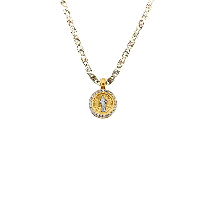 14k Gold Medalla San Benito - Gemstone Round San Benito Gold Pendant - Solid Chain - LE2871
