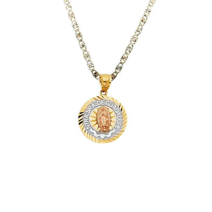 14k Gold Virgin Mary Necklace - Tri Tone Guadalupe Virgin Mary Gold Pendant - Solid Chain - LE1367