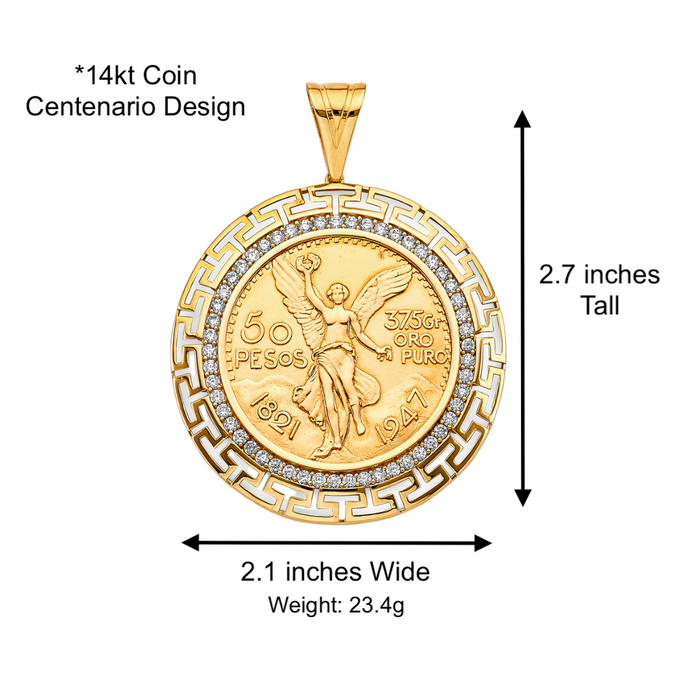 14k Gold Centenario De Oro Necklace - Gemstones Greek Design Bezel - Solid Figaro Chain - LE2758
