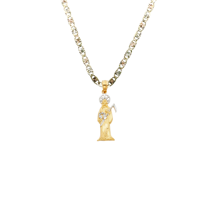 14k Gold Santa Muerte Necklace - Two Tone Santa Muerte Gold Pendant - Solid Chain - LE0098