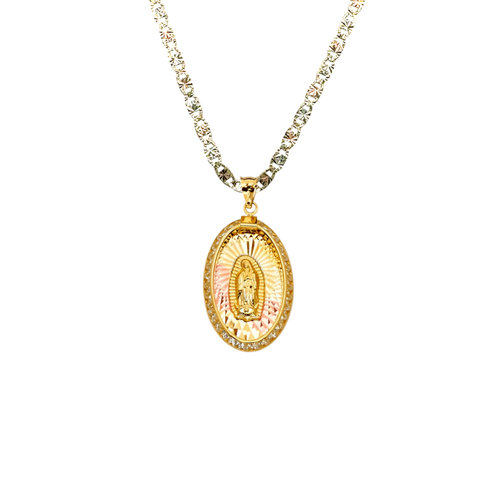 14k Gold Virgin Mary Necklace - Oval Gemstone Virgin Mary Gold Pendant - Solid Chain - LE2305