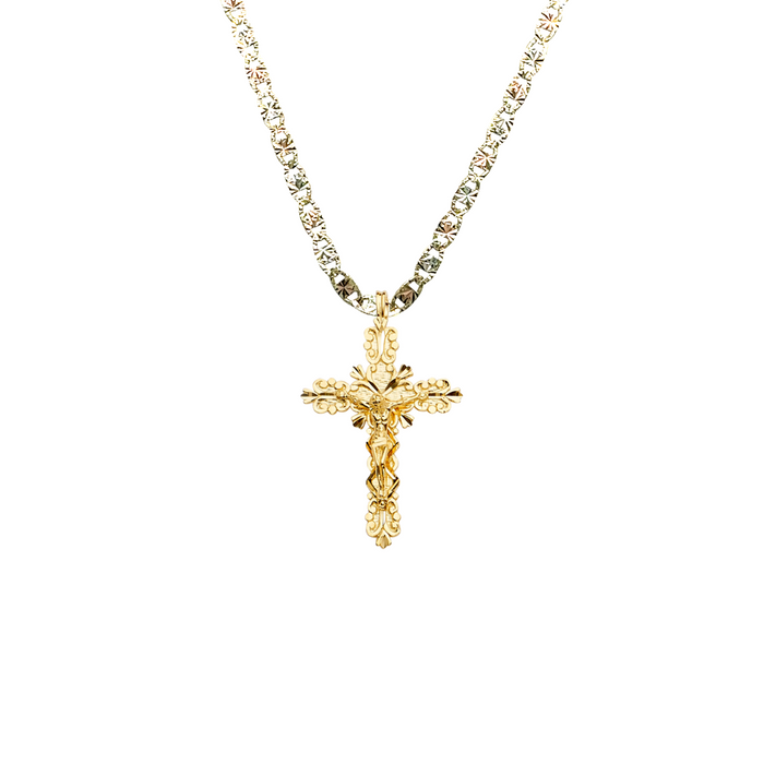 14k Gold Cross Necklace - Fancy Design Gold Crucifix - Solid Chain - LE2186