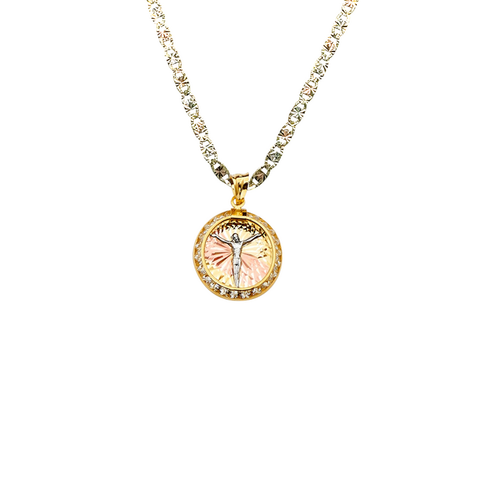 14k Gold Jesus Necklace - Tri Tone Round Gemstone Jesus Gold Pendant - Solid Chain - LE2257
