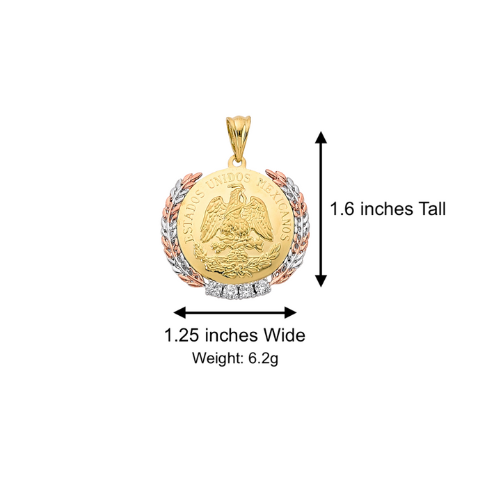 14k Gold Centenario De Oro Necklace - Gemstone Tri Tone Wreath Bezel - Solid Figaro Chain - LE3252