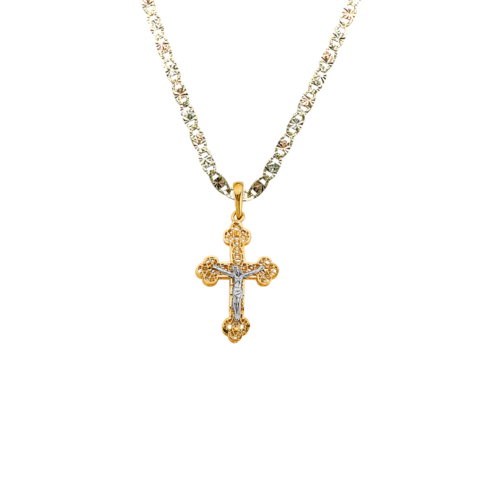14k Gold Cross Necklace - Two Tone Gold Crucifix - Solid Chain - LE2925