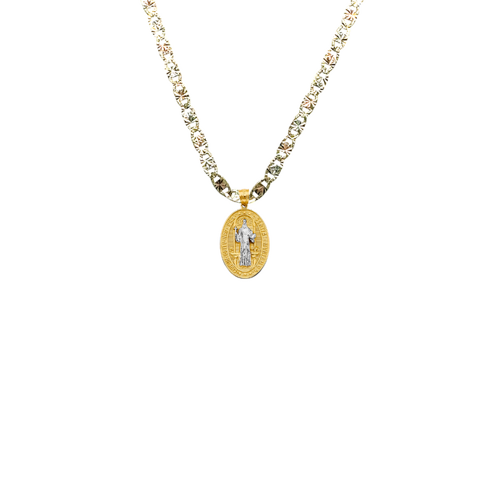 14k Gold Medalla San Benito - Two Tone Dainty Oval San Benito Gold Pendant - Solid Chain - LE2874
