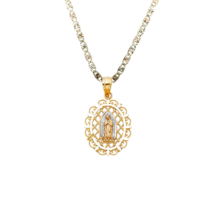 14k Gold Virgin Mary Necklace - Tri Tone Oval Virgin Mary Gold Pendant - Solid Chain - LE0115