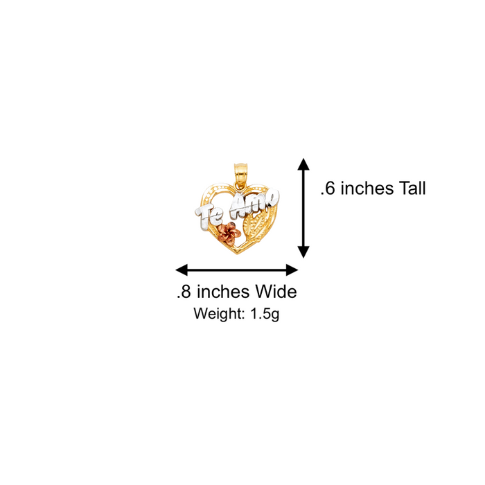 14k Gold Heart Necklace - Tri Tone Te Amo Flower Gold Heart Pendant - Solid Chain - LE1858