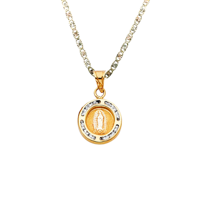 14k Gold Virgin Mary Necklace - Gemstone Virgin Mary Baptism Gold Pendant - Solid Chain - LE0765