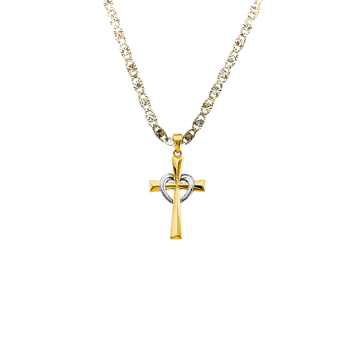 14k Gold Cross Necklace - Two Tone Heart Gold Cross - Solid Chain - LE2963