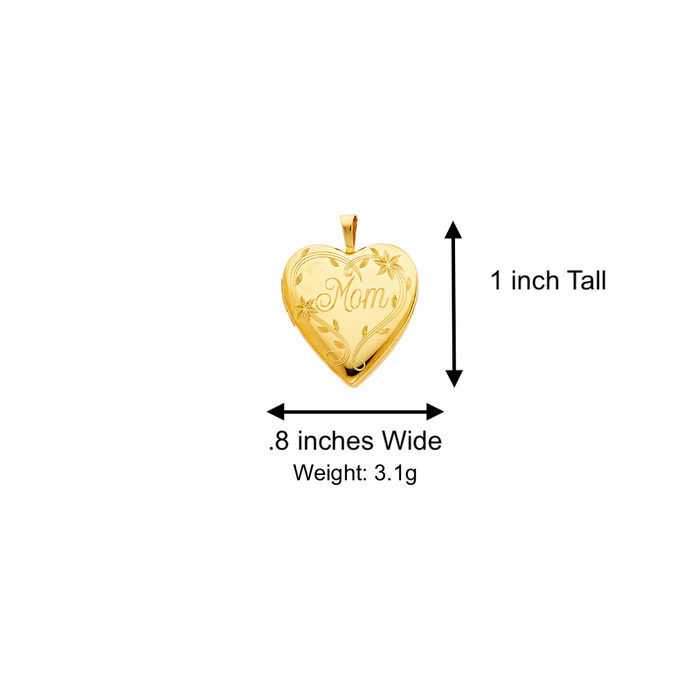 14k Gold Mom Necklace - Mom Heart Picture Locket Gold Pendant - Solid Chain - LE2027